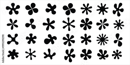 Assortment of black abstract blob and star shapes with varying numbers of points asterisk