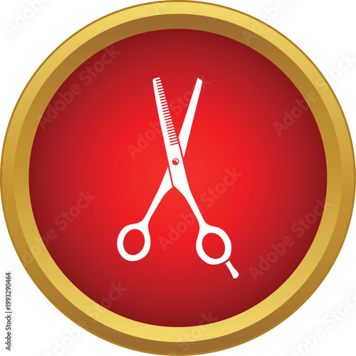 Thinning scissors graphic in a red circle with a gold border