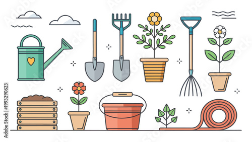 Set of gardening tools and plants, including a watering can, shovel, rake, potted flowers, wooden crate, bucket, and garden hose, flat vector illustration