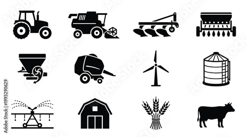 Collection of black vector icons representing agriculture, farm equipment, livestock, and rural elements. Perfect for web, apps, or print designs related to farming.