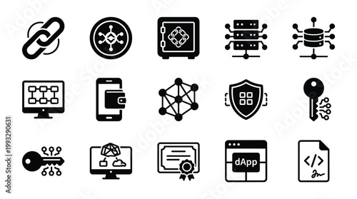 A collection of blockchain, cryptocurrency, and decentralized technology icons. Ideal for web, apps, presentations on digital assets, security, and smart contracts.