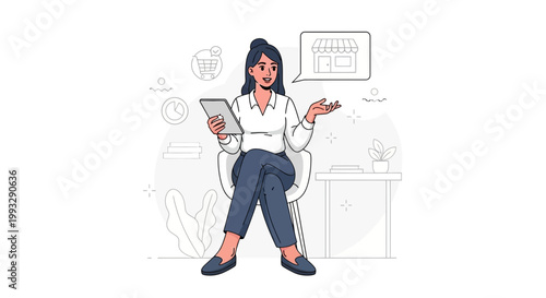 Woman with tablet discussing online store and shopping cart, e-commerce concept