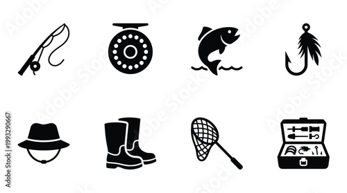 Vector icons of essential fishing equipment. Includes rod, reel, fish, hook, hat, boots, net, and tackle box. Perfect for angling, outdoor sports, UI, and infographics.