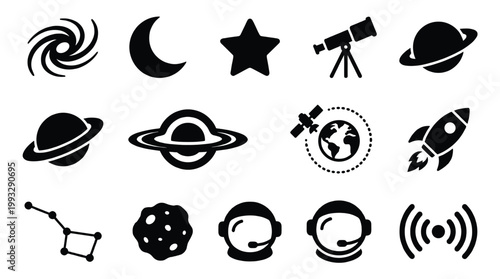 Minimalist black vector icons for space, astronomy, and science. Includes planets, rockets, astronauts, telescopes, and galaxies. Great for digital design.