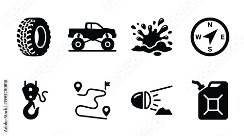 Collection of essential off-road adventure vector icons including tire, truck, splash, compass, winch, route, headlight, and jerrycan. Perfect for outdoor themed designs.