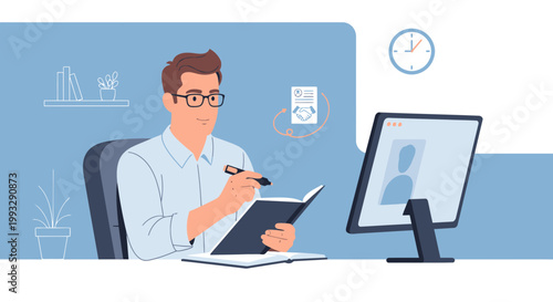 Man working remotely on computer, taking notes, business meeting online