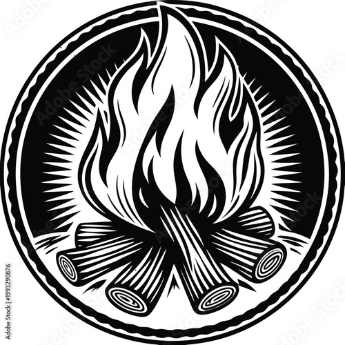 Black and white campfire icon, flame logo, wood fire symbol, outdoor emblem