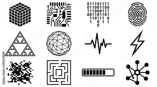 Collection of abstract digital, technology, and science vector icons representing data, security, network, and progress for modern design.