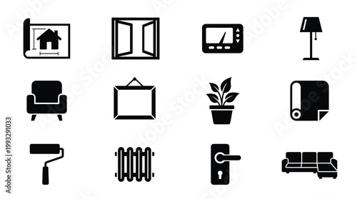 Minimalist black vector icons representing house renovation, architecture, and interior decor elements like furniture, tools, and smart home devices.