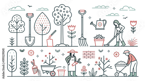 Gardening and landscaping line art illustration set with gardeners, tools, trees, plants, wheelbarrow, shovel, rake, watering can and flowers in garden