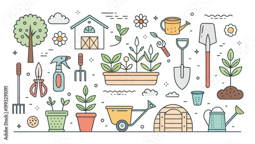 Gardening tools and plants icons set vector illustration of garden equipment, flowers, tree, greenhouse, wheelbarrow, shovel, rake, watering can, and pots