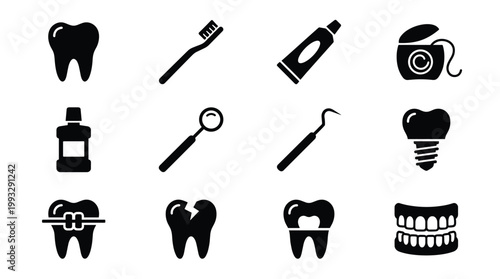 A comprehensive collection of black dental icons for oral hygiene and dentistry. Perfect for healthcare, clinic, or educational presentations and websites.