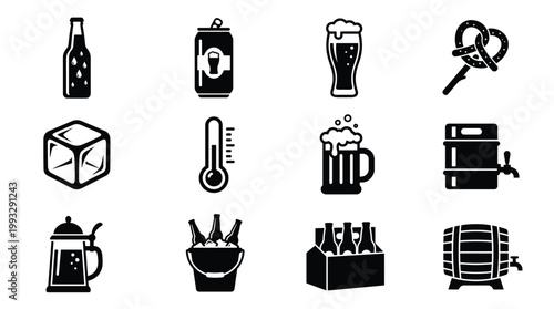 Illustrative vector icons for beer, brewery, and bar elements, including drinks, snacks, and equipment. Great for apps, websites, and menus.