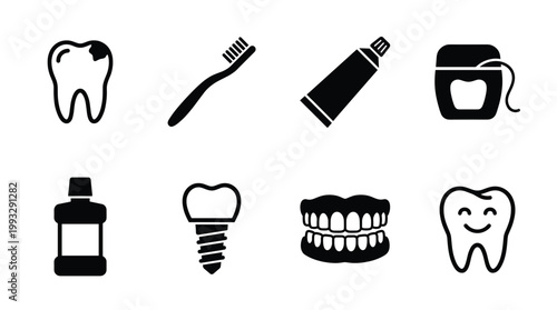 Essential black vector icons for dental care, oral hygiene, and dentistry, featuring items like toothbrush, toothpaste, floss, and happy tooth. Ideal for health apps, websites