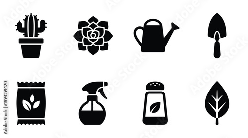 Essential black glyph gardening icons, featuring plants, tools, and supplies. Perfect for web design, apps, print materials, and digital projects.