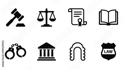 Set of black vector icons symbolizing law and justice, including gavel, scales, document, book, handcuffs, courthouse, and legal shield. Perfect for legal designs.