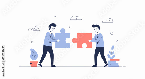 Two businessmen connect puzzle pieces, symbolizing teamwork and collaboration in business.