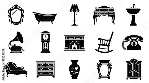 A collection of black silhouette vector icons featuring vintage furniture and antique home decor items. Perfect for interior design, history, or retro themes.