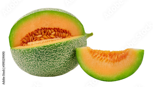 Quadro su tela Halved Cantaloupe Melon with Seeds and Slice, Orange and Green