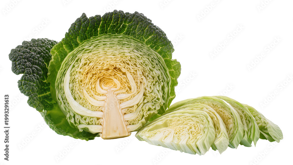 Obraz premium Green and Yellow Savoy Cabbage Half with Textured Leaves