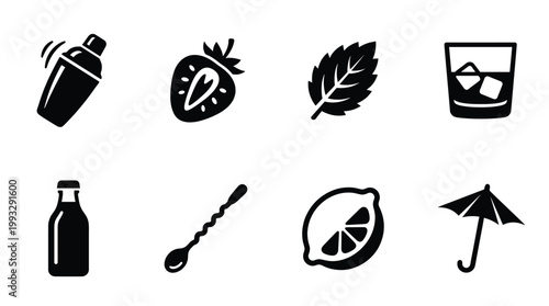 Black vector icons for drink ingredients and bar tools. Perfect for menus, apps, websites, or any beverage-themed design project. Simple, modern style.