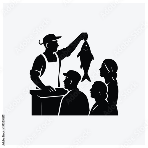 Fisherman selling fish to customers silhouette illustration