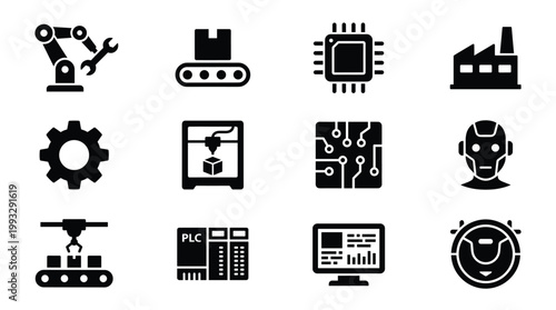 Comprehensive vector icon set showcasing Industry 4.0, automation, robotics, manufacturing, and smart factory technologies. Ideal for industrial design projects.