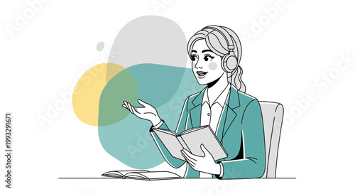 Woman with headphones reading a book, online learning, remote work, podcast listening