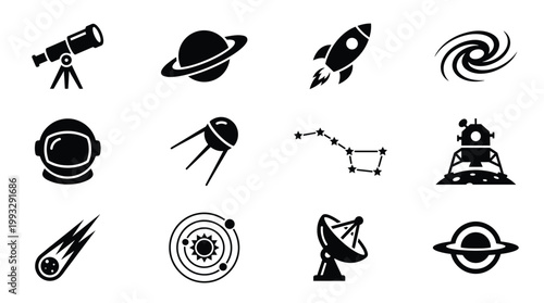 Minimalist black vector icons representing space, astronomy, and exploration themes. Ideal for UI, education, apps, and science content.