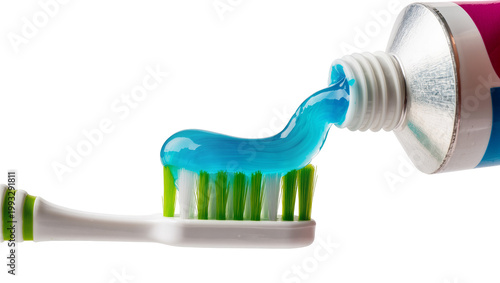 Cuadro en lienzo Blue toothpaste dispensing onto white bristled toothbrush