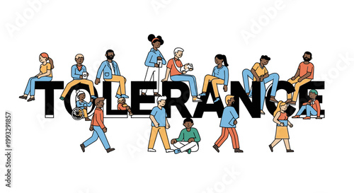 Diverse people forming tolerance text.