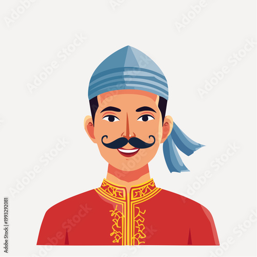 Illustration of a smiling man with a mustache and turban