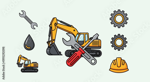 Yellow excavator with tools and icons.
