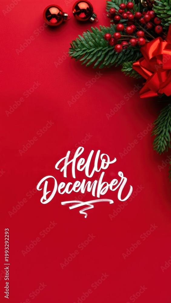 Naklejka premium Hello December lettering on red background with Christmas decorations, winter holiday greeting card with fir branches berries and gift ribbon seasonal celebration