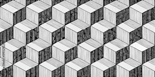 Intricate pattern of interlocking cubes creates a visually compelling optical illusion