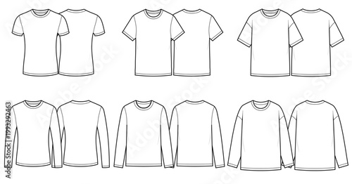 Men Basic T Shirt Flat Sketch Bundle, Short Sleeve and Long Sleeve Slim Regular Oversized Fit Front and Back