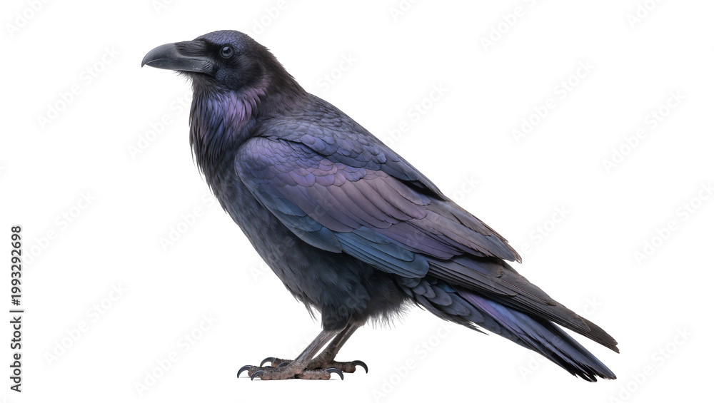 Obraz premium Black iridescent Raven perched with dark feathers and sharp beak