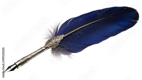 Foto Ornate silver quill pen with vibrant blue feather