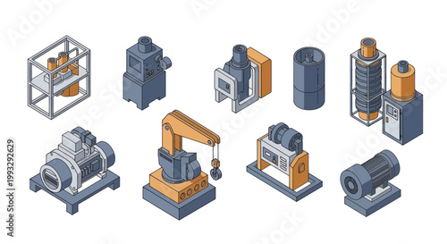 Isometric Industrial Machinery and Equipment Set for Manufacturing.