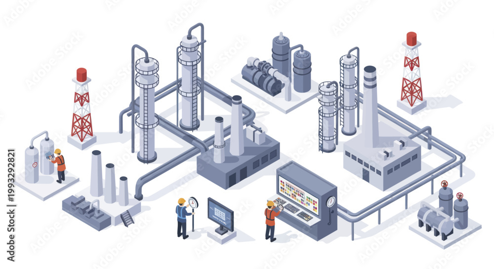 Naklejka premium Isometric Industrial Plant with Workers and Machinery.