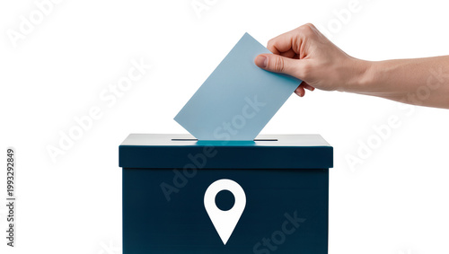 Blue Paper Dropping into Dark Blue Voting Box with White Location Pin