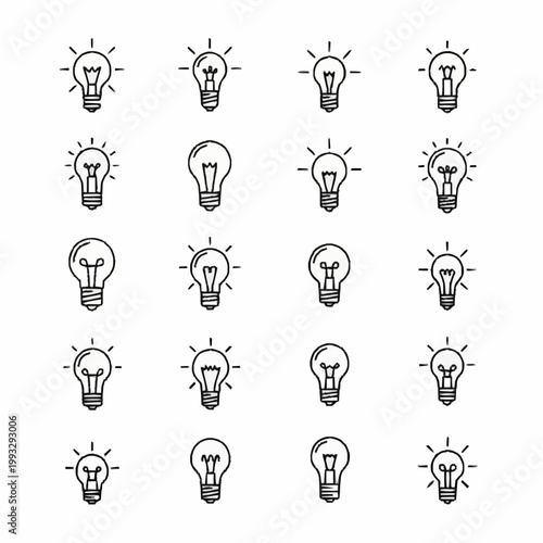 Collection of Hand Drawn Light Bulb Icons Representing Ideas and Innovation.