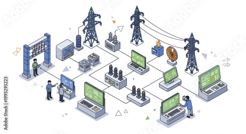 Isometric Smart Grid Network with Power Lines and Digital Monitoring Systems.