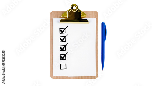 Wooden clipboard with marked checklist and blue ballpoint pen