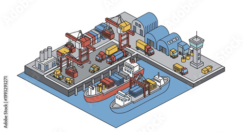 Isometric View of a Busy Seaport with Cargo Ships and Cranes.