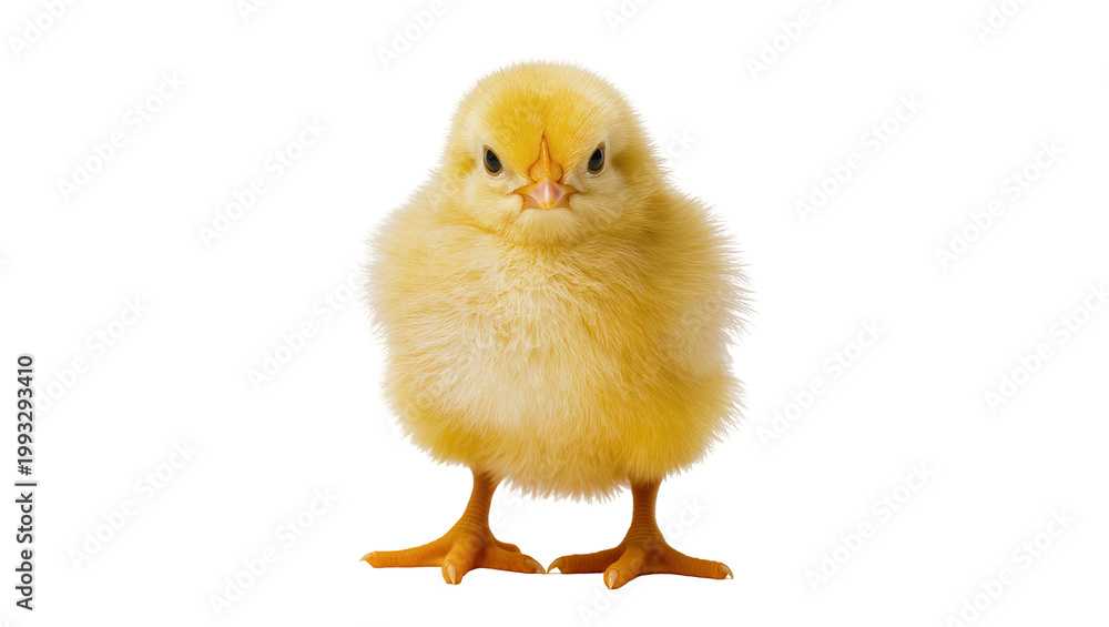 Fototapeta premium Fluffy yellow chick standing with orange beak and feet