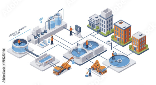 Isometric Water Treatment and Supply System Illustration.