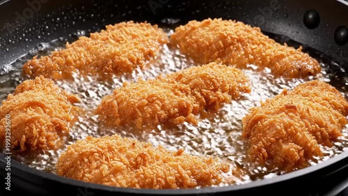 Deep Frying Crispy Breaded Chicken in Hot Oil Close Up