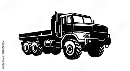 Black and white heavy duty off road flatbed truck on white background flat illustration