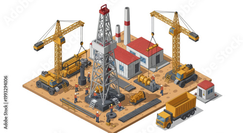 Oil Rig Construction Site with Cranes and Equipment.